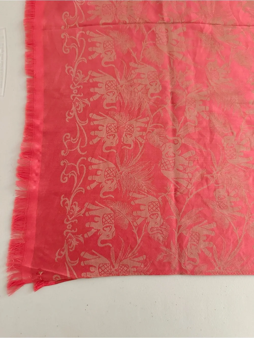 100% Silk Elephant Jacquard Scarf Wrap Shawl Coral Pink Fringe 75x26 Boho Travel